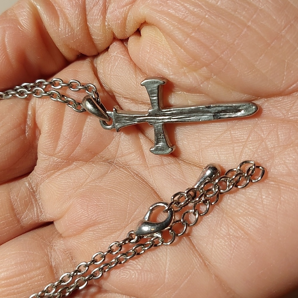 SOLD Blue Rhinestone Nail Shaped Cross Pendant Silver Tone Necklace - Picture 5 of 5